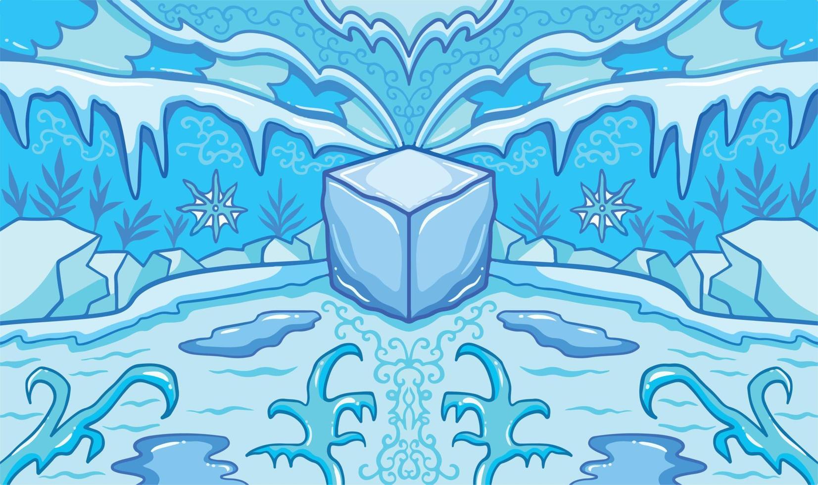 verkoudheid blauw ijs leeftijd themed vector illustratie achtergrond. symmetrisch behang met tekenfilm vlak kunst stijl en schoon lijn kunst, geïsoleerd en gekleurd. bevriezing en besneeuwd verkoudheid temperatuur themed kunstwerk.