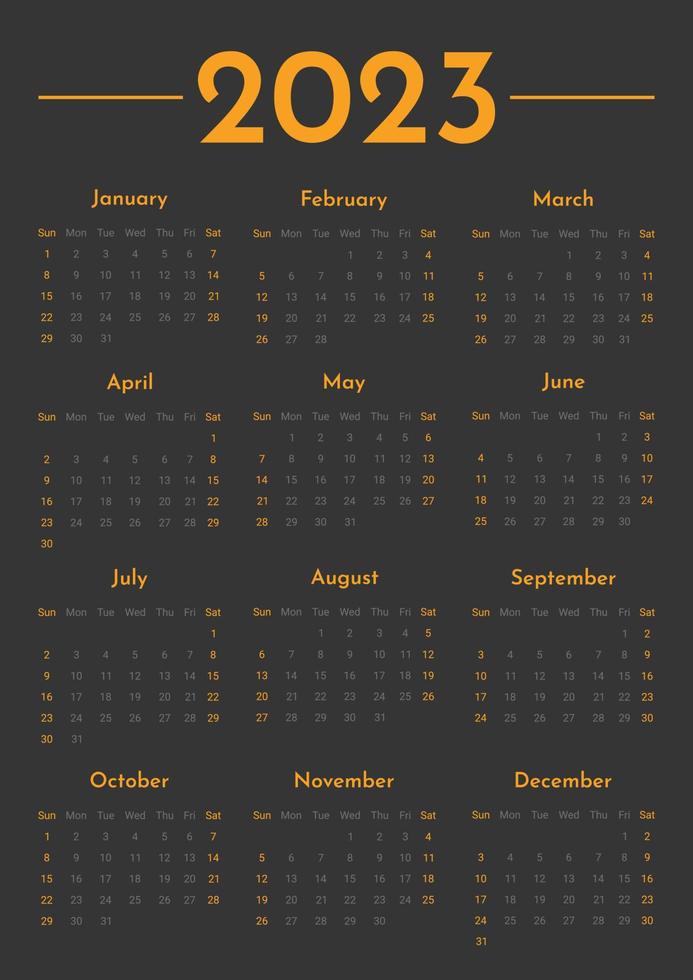 maandelijks muur verticaal kalender 2023 sjabloon in modieus minimalistische stijl, Hoes concept, 2023 minimaal kalender ontwerper ontwerp voor het drukken sjabloon in zwart en oranje, zwart thema vector