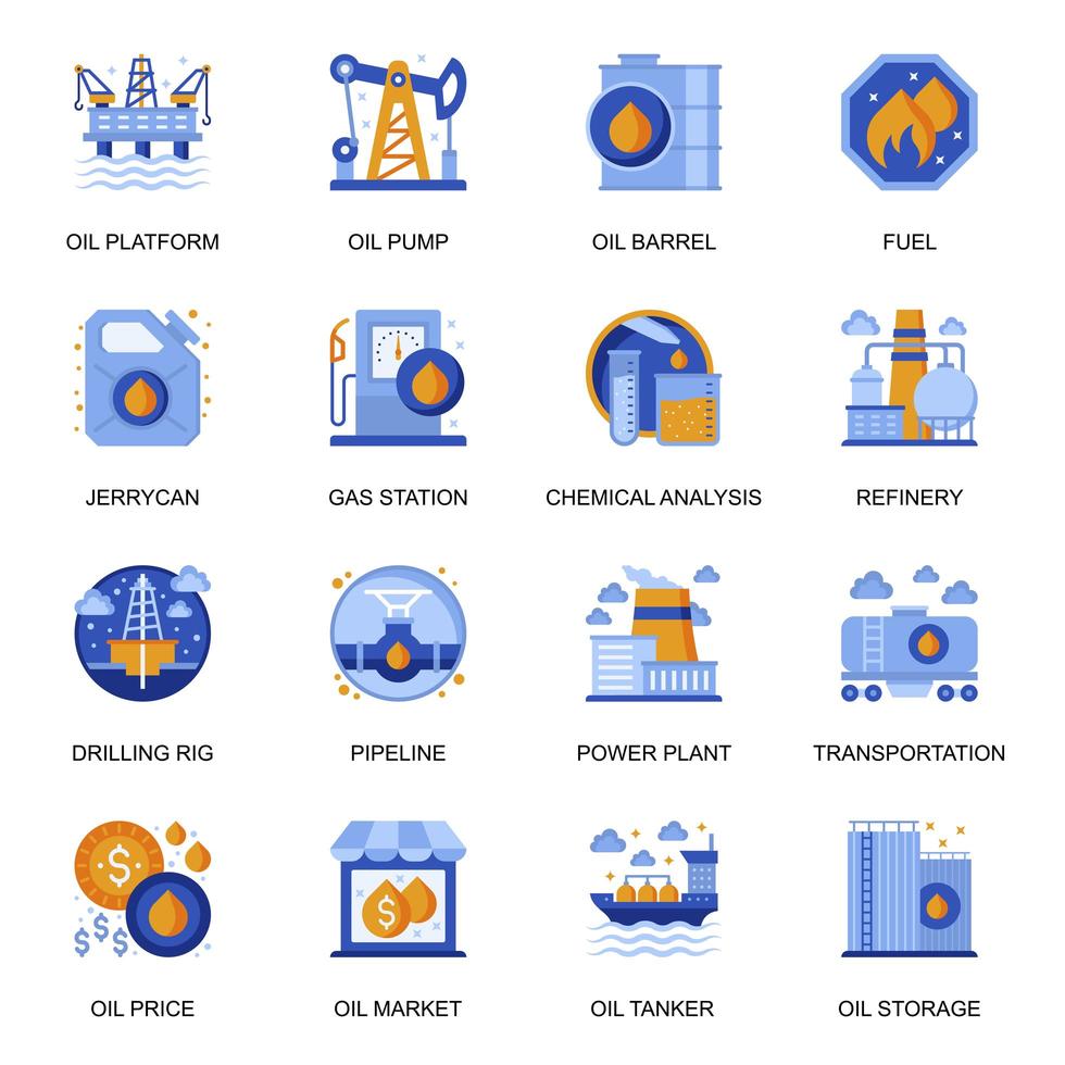 olie-industrie pictogrammen instellen in vlakke stijl. vector