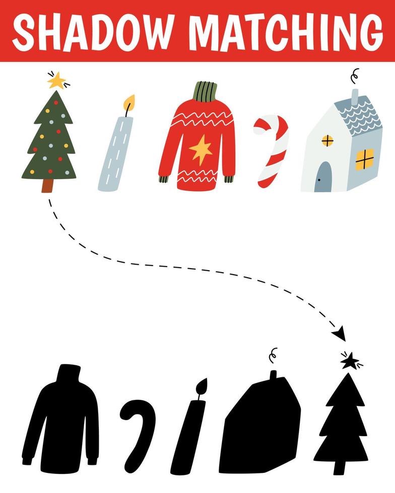 Kerstmis schaduw bij elkaar passen werkzaamheid voor kinderen. winter puzzel met schattig Kerstmis voorwerpen. nieuw jaar leerzaam spel voor kinderen. vind de correct silhouet afdrukbare werkblad. vector