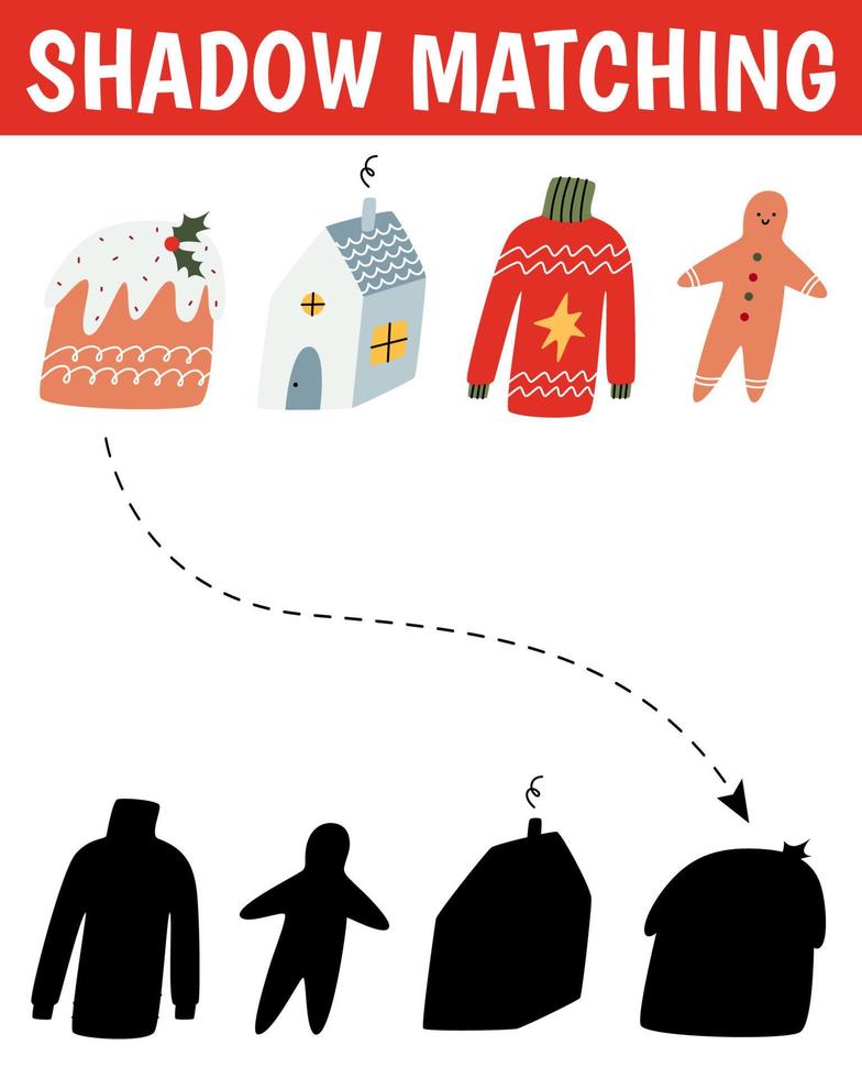 Kerstmis schaduw bij elkaar passen werkzaamheid voor kinderen. winter puzzel met schattig Kerstmis voorwerpen. nieuw jaar leerzaam spel voor kinderen. vind de correct silhouet afdrukbare werkblad. vector