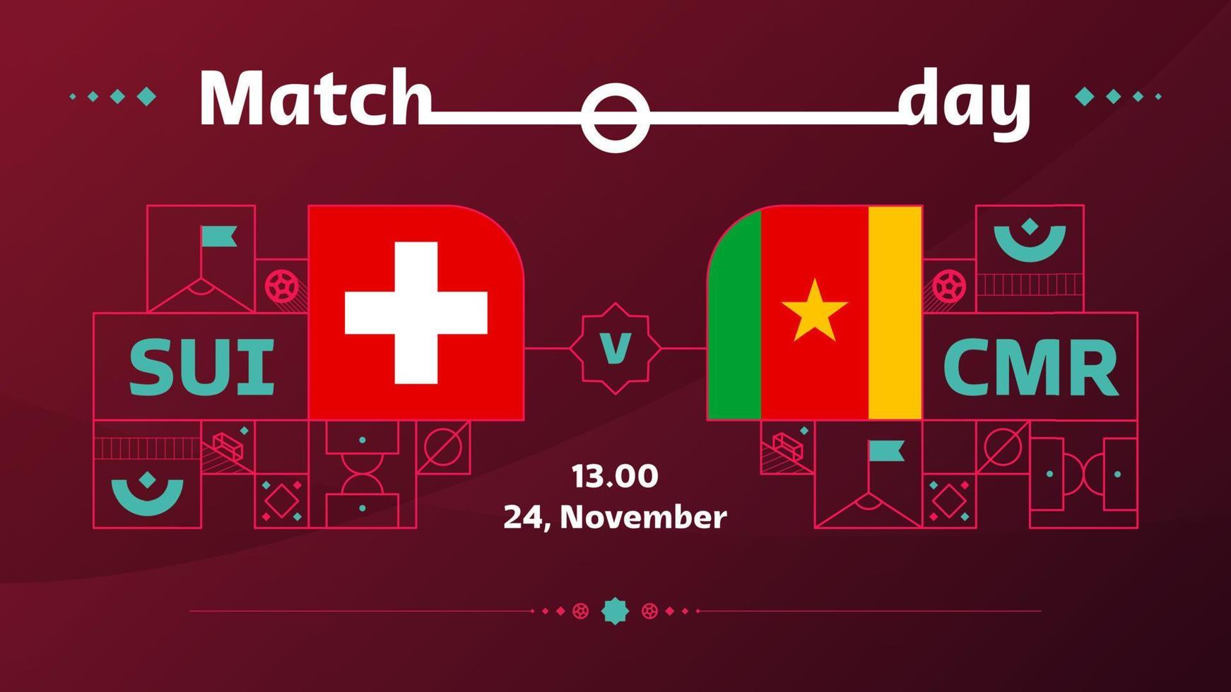 Zwitserland Kameroen bij elkaar passen Amerikaans voetbal 2022. 2022 wereld Amerikaans voetbal wedstrijd kampioenschap bij elkaar passen versus teams intro sport achtergrond, kampioenschap wedstrijd poster, vector illustratie