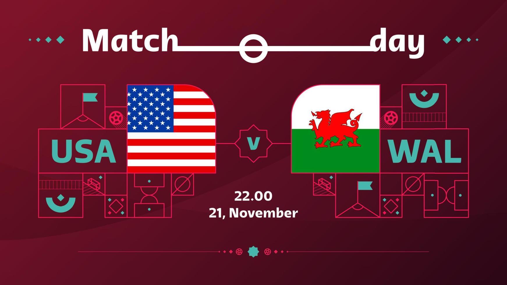 Verenigde Staten van Amerika Wales bij elkaar passen Amerikaans voetbal 2022. 2022 wereld Amerikaans voetbal wedstrijd kampioenschap bij elkaar passen versus teams intro sport achtergrond, kampioenschap wedstrijd poster, vector illustratie