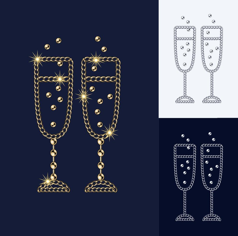 Champagne bril gemaakt van sieraden goud ketting, glimmend bal kralen elegant illustratie voor vakantie, kerstmis, nieuw jaar, partij, verjaardag, significant evenementen decoratie monochroom zwart en wit versie vector