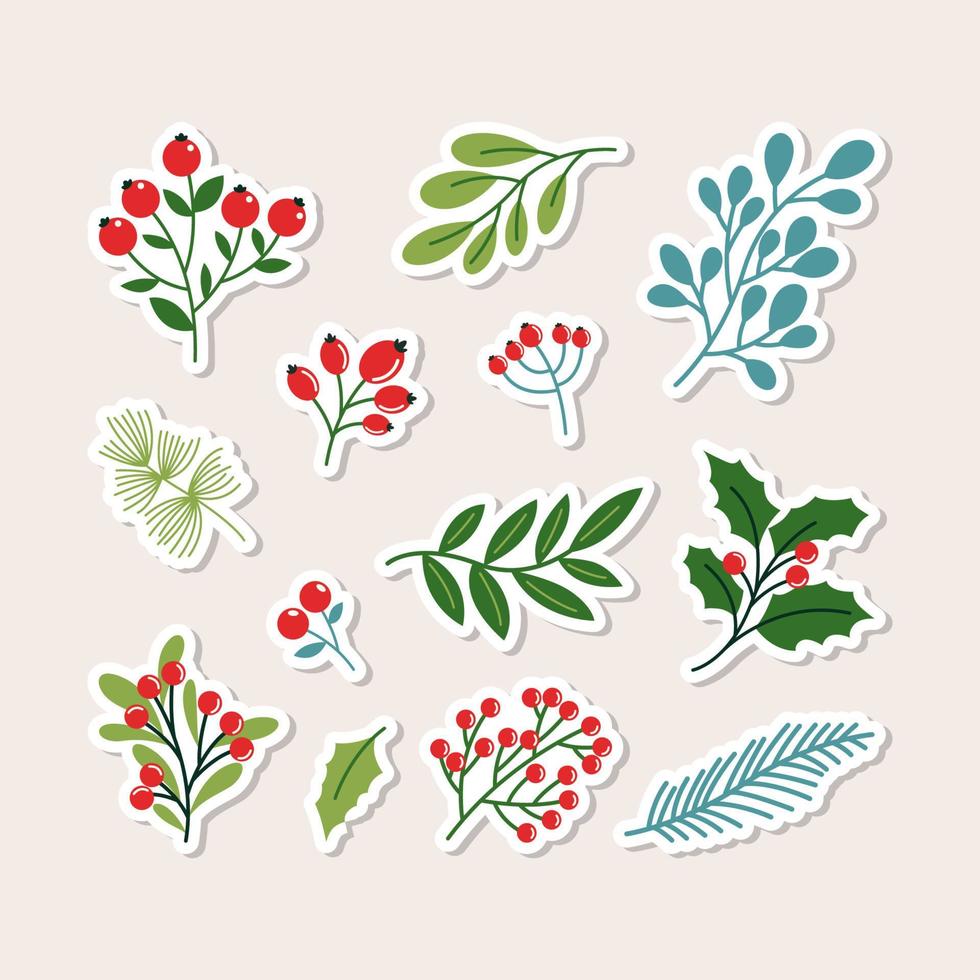 winter bloemen bladeren en bessen sticker verzameling vector