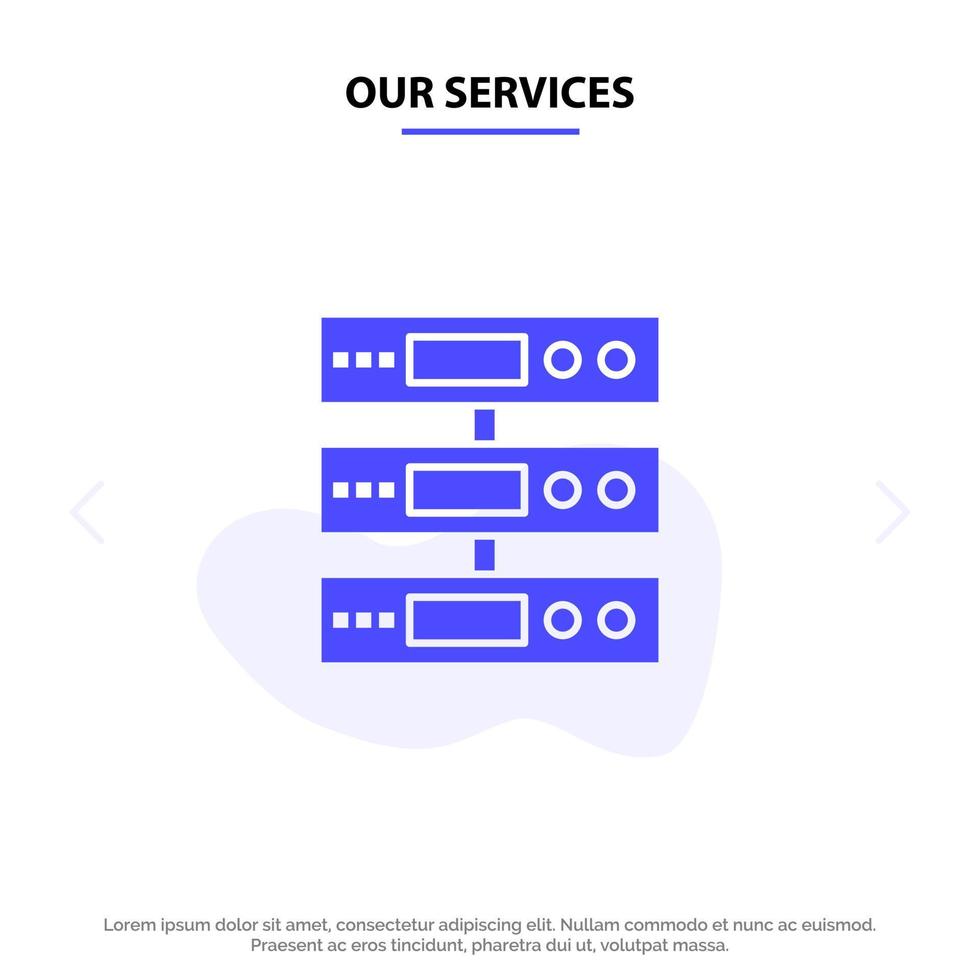 onze Diensten server gegevens opslagruimte wolk bestanden solide glyph icoon web kaart sjabloon vector