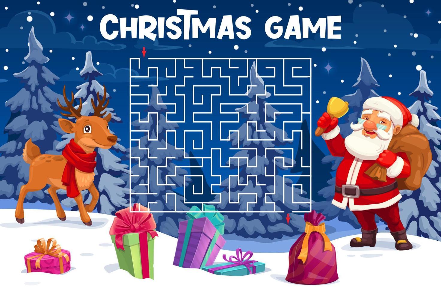 Kerstmis labyrint doolhof, helpen hert naar vind de kerstman vector
