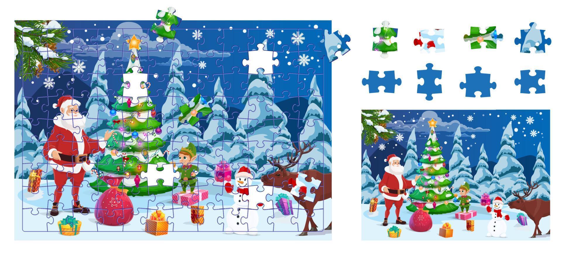 Kerstmis de kerstman, kabouter, geschenken. decoupeerzaag puzzel spel vector