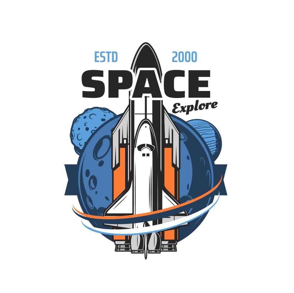 ruimte shuttle en planeten exploratie retro icoon vector