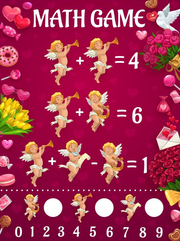 wiskunde spel werkblad met Valentijn cupido's vector