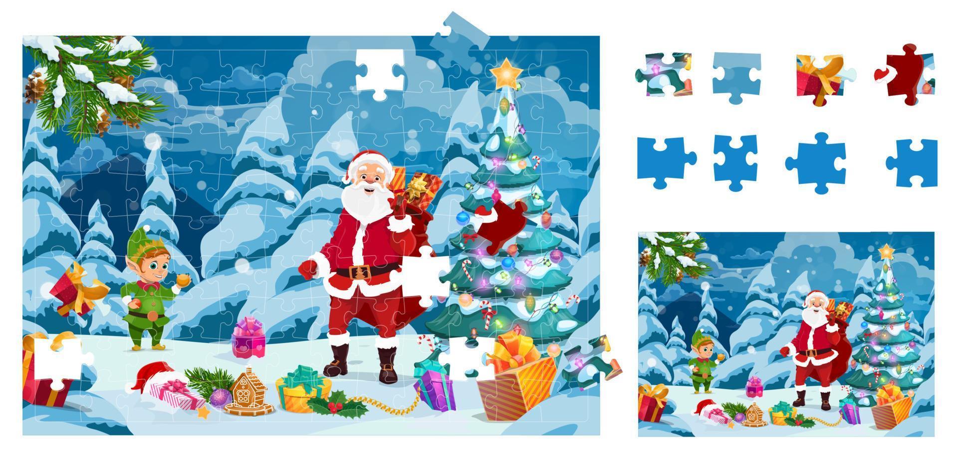 Kerstmis decoupeerzaag puzzel spel, de kerstman, kabouter, cadeaus vector
