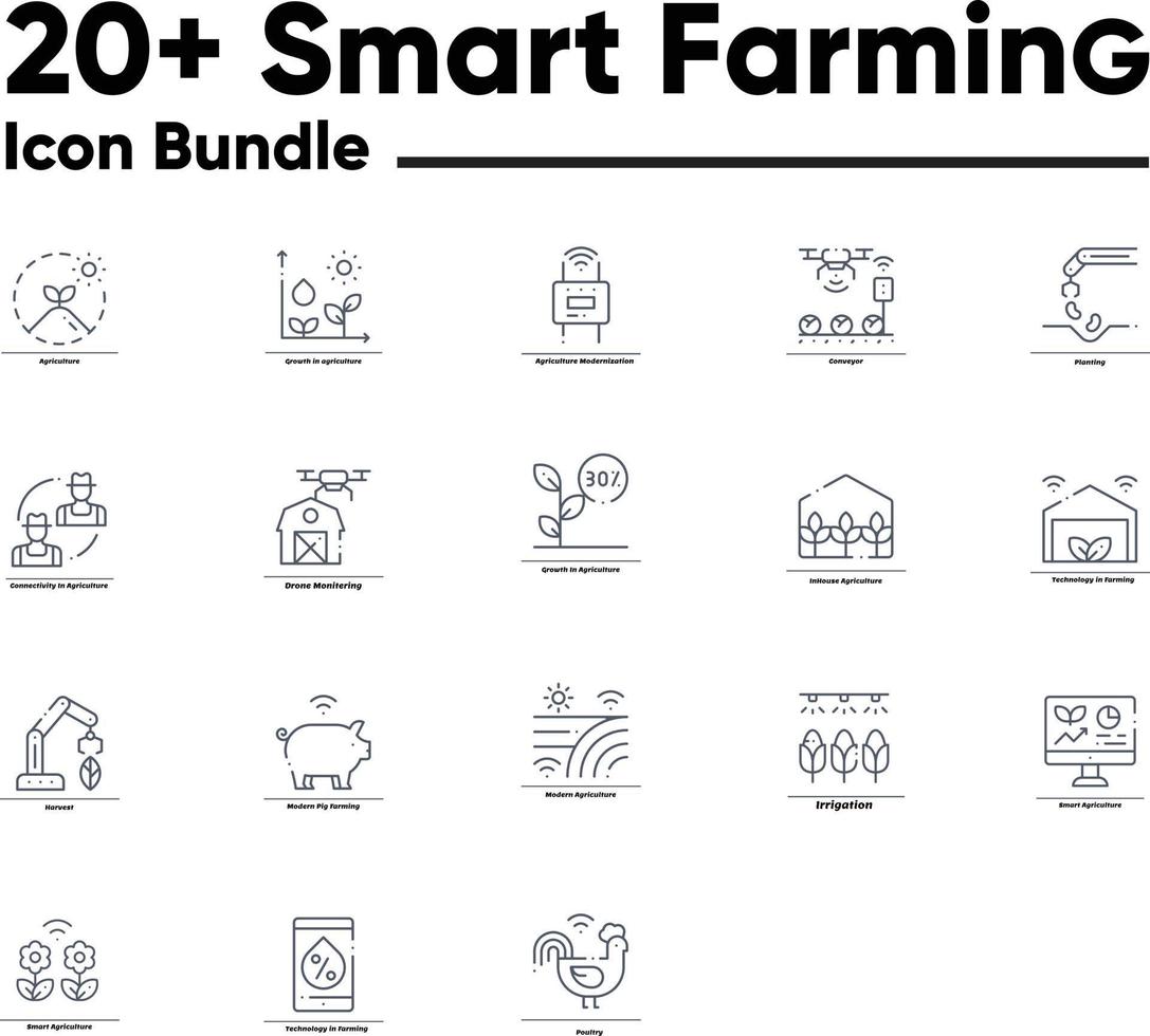 slim boerderij verwant lijn icoon set. boerderij technologieën lineair pictogrammen. voedsel wetenschap schets vector tekens en symbolen verzameling.