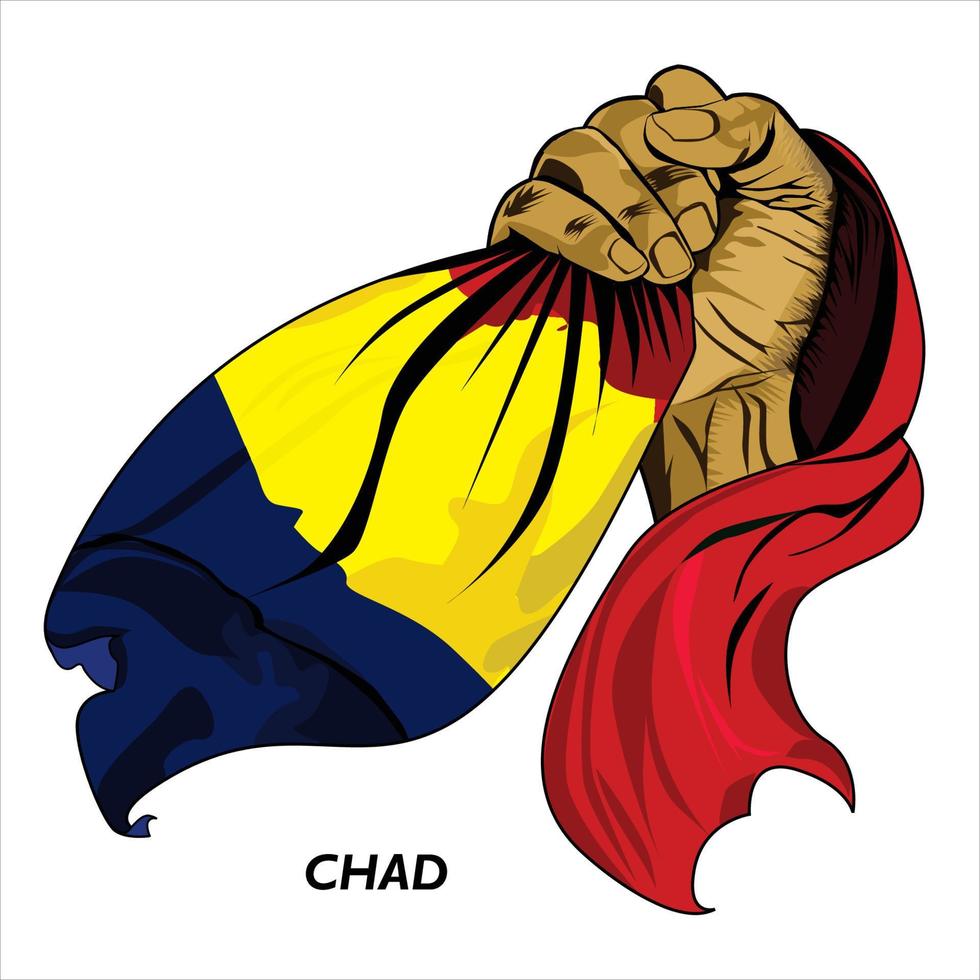 gevuist hand- Holding Tsjaad vlag. vector illustratie van opgeheven hand- grijpen vlag. vlag draperen in de omgeving van hand. eps formaat
