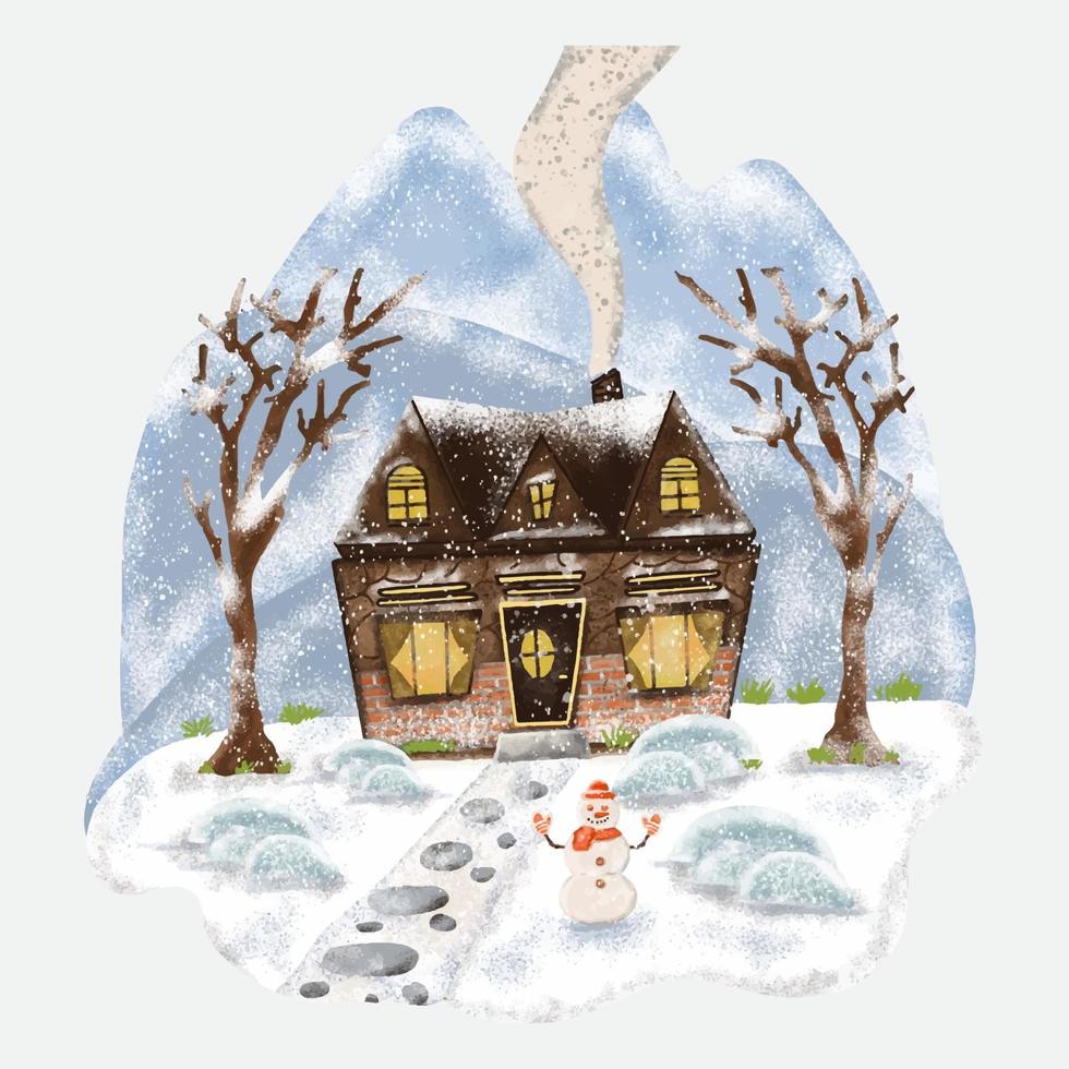 winter landschap concept met berg, huis, sneeuwman en boom in sneeuwval winter seizoen illustratie vector