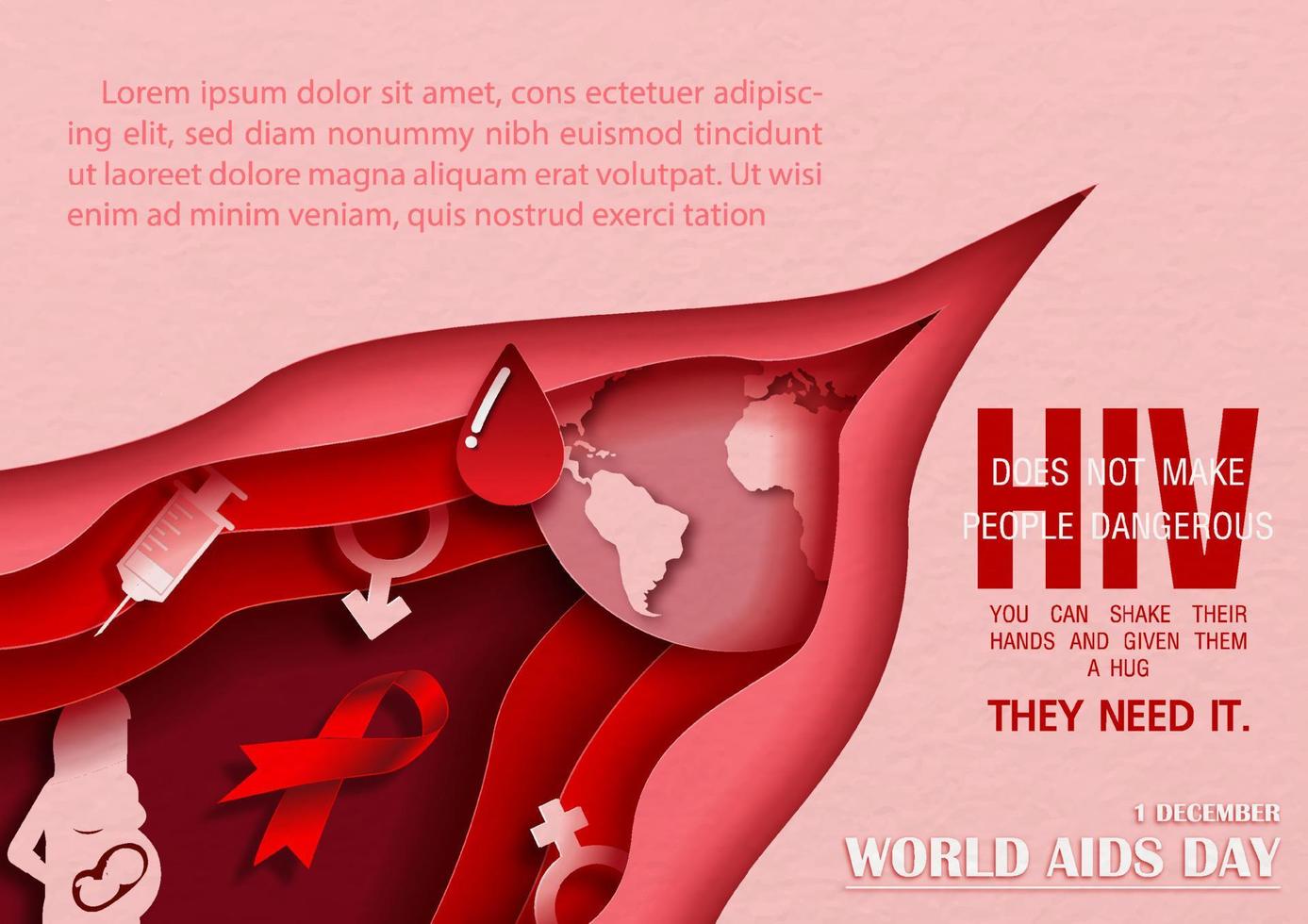 campagne poster van wereld AIDS dag in laag papier besnoeiing stijl en vector ontwerp met voorbeeld teksten.