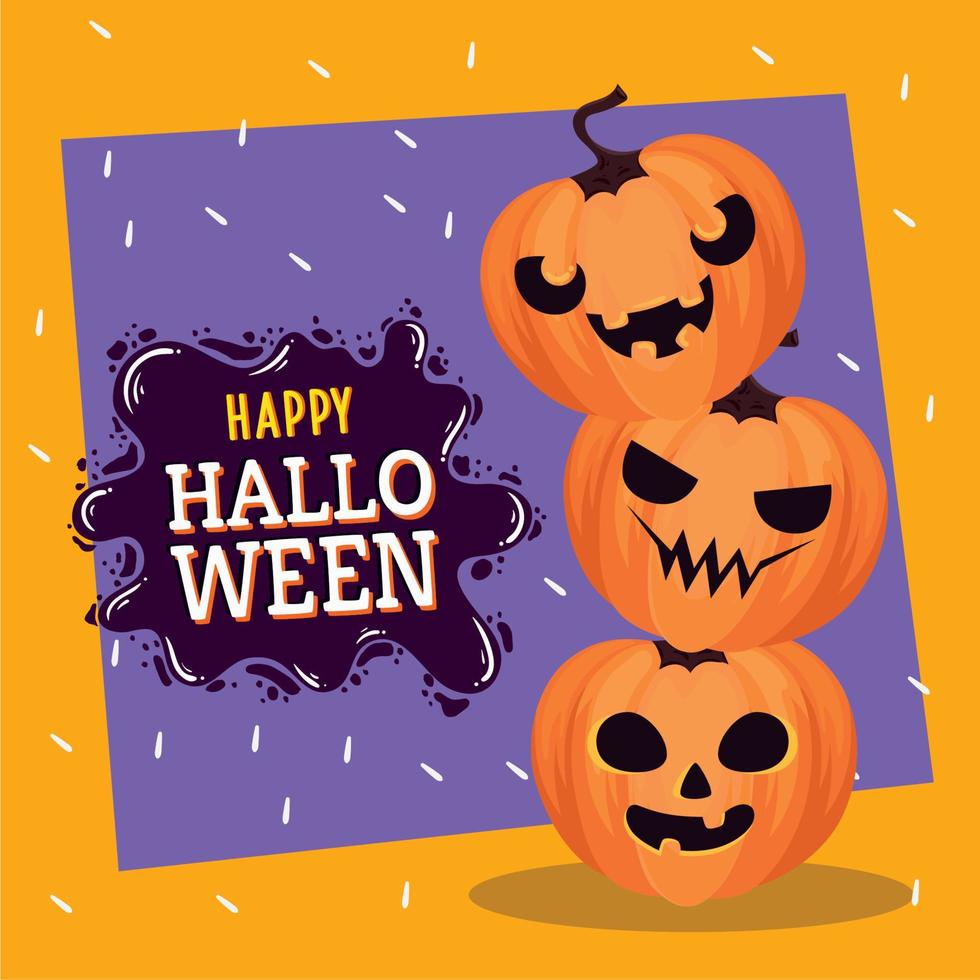 gelukkig halloween belettering met stapel pompoenen vector