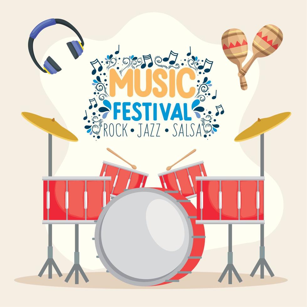 muziek- festival belettering met drums vector