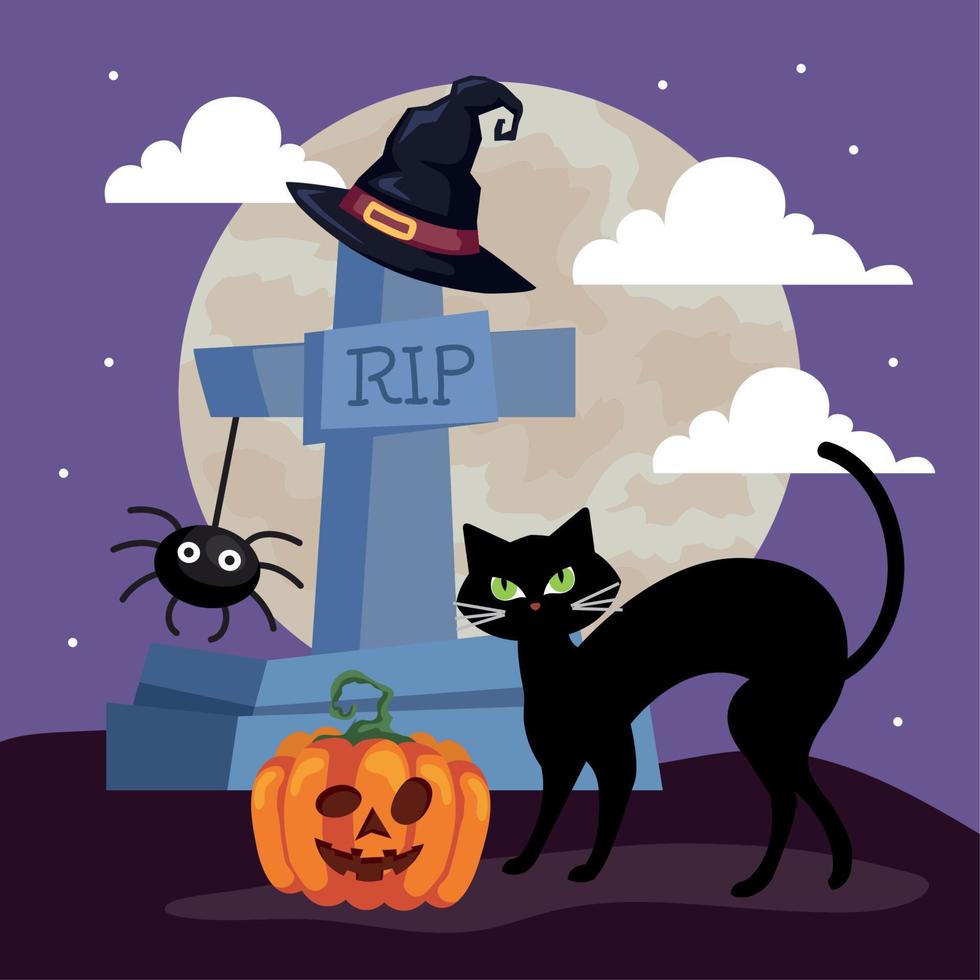 halloween kat in begraafplaats vector