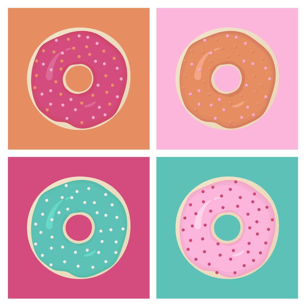 reeks van 4 donuts Aan gekleurde pleinen in retro stijl vector