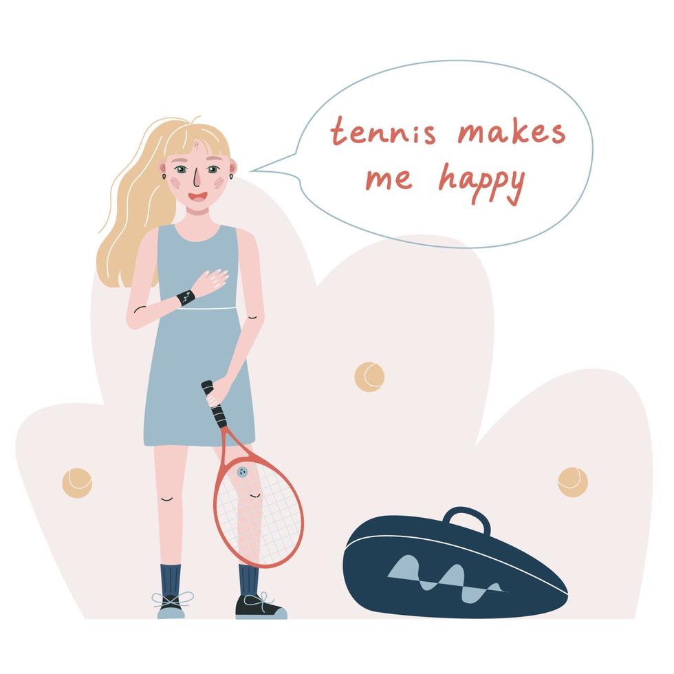 vlak vector illustratie in kinderachtig stijl. hand- getrokken tennis speler meisje. tennis maakt me gelukkig