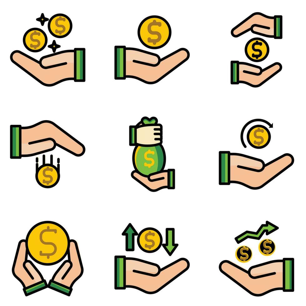 illustratie vector reeks icoon vlak verdienen, munt, goud, hand, transactie, geld.