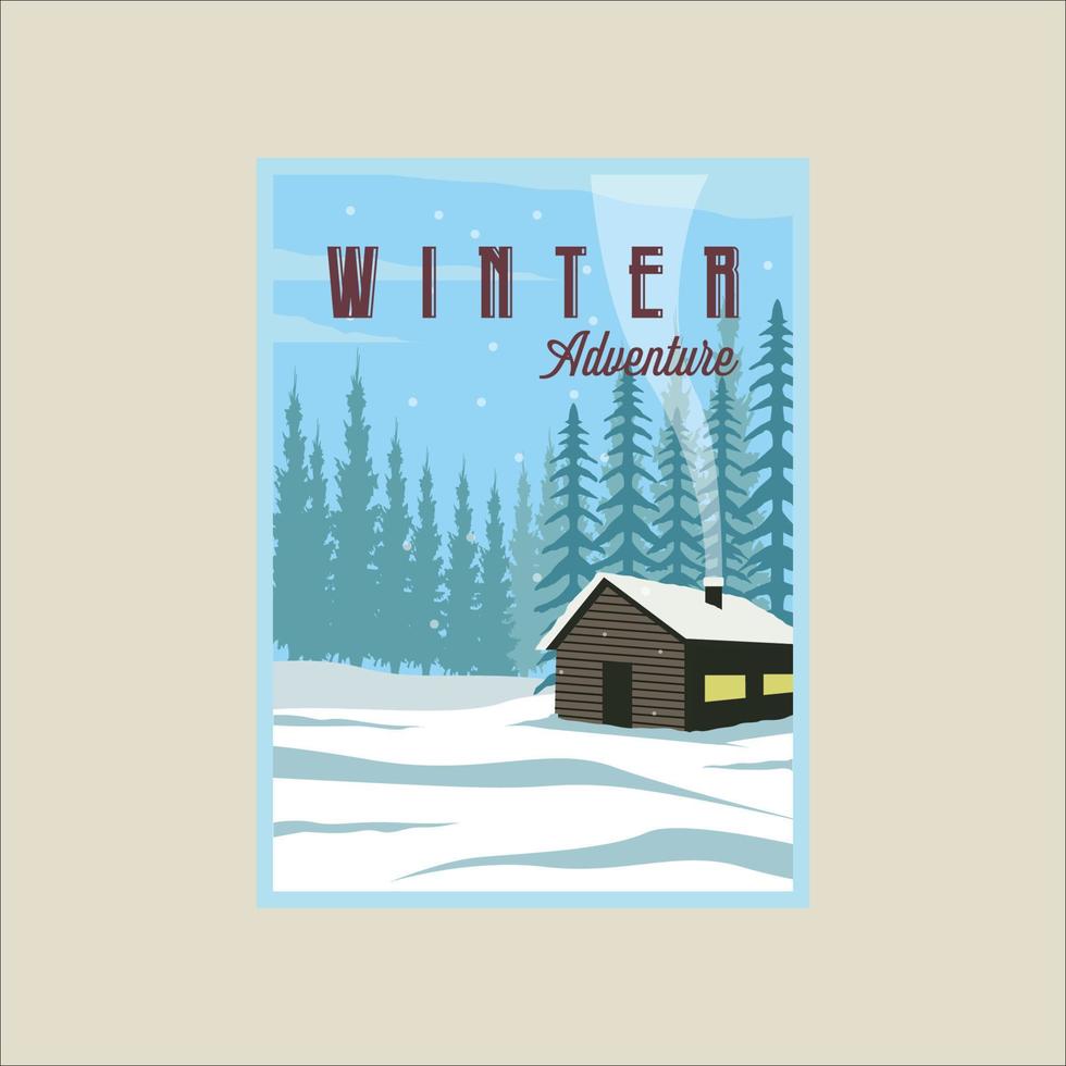 cabine of huisje Bij winter landschap poster vector illustratie sjabloon ontwerp. sneeuw Bij natuur Woud banier voor reizen of bedrijf toerisme