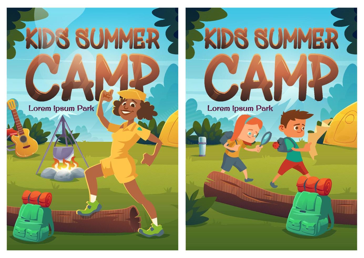 kinderen zomer kamp tekenfilm affiches, kinderen wandeltocht vector