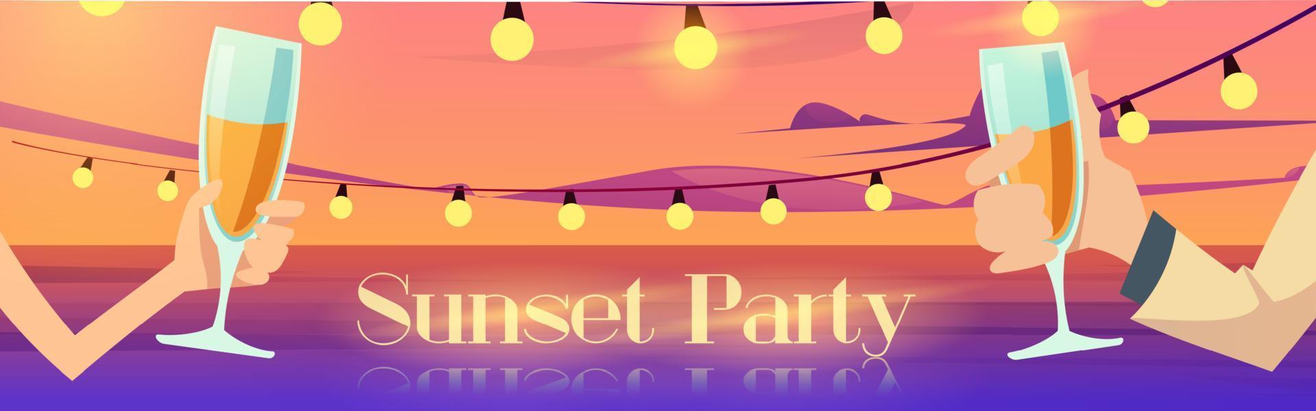 zonsondergang partij poster met gelukkig paar Aan zee kust vector