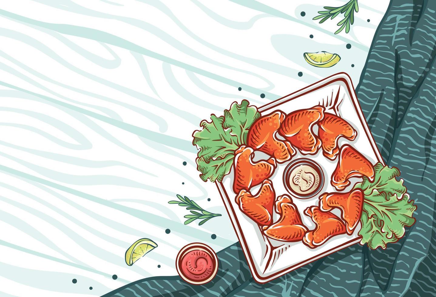 kip vleugel schotel illustratie geïsoleerd in hout patroon en kleding achtergrond. kip hand getekend voedsel met citroen plakjes en kruiden in vol kleur. kleurrijk kip tekening vector ontwerp achtergrond