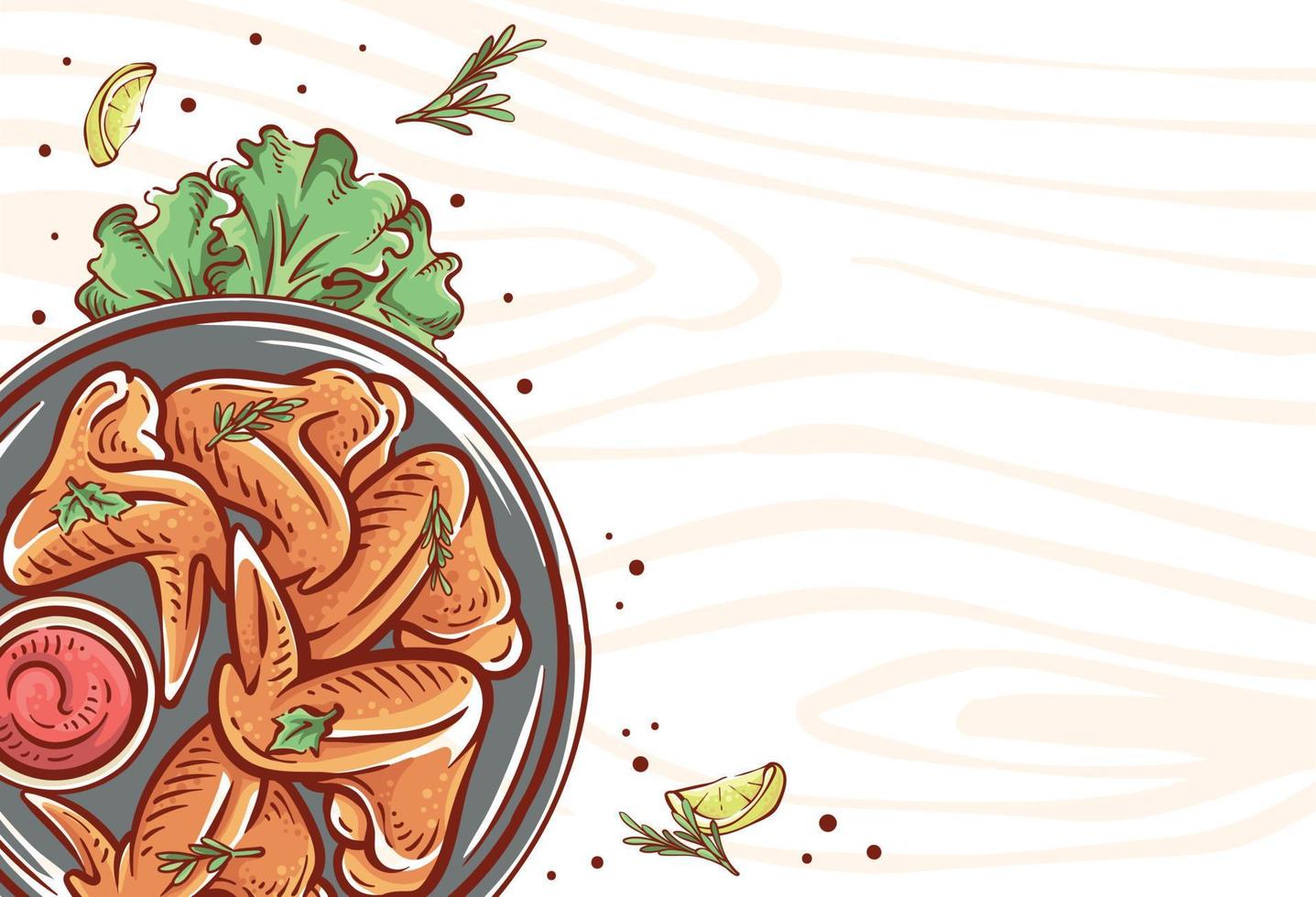kip vleugel schotel illustratie top visie. kip hand getekend voedsel met citroen plakjes en kruiden in vol kleur. kleurrijk kip tekening vector ontwerp achtergrond