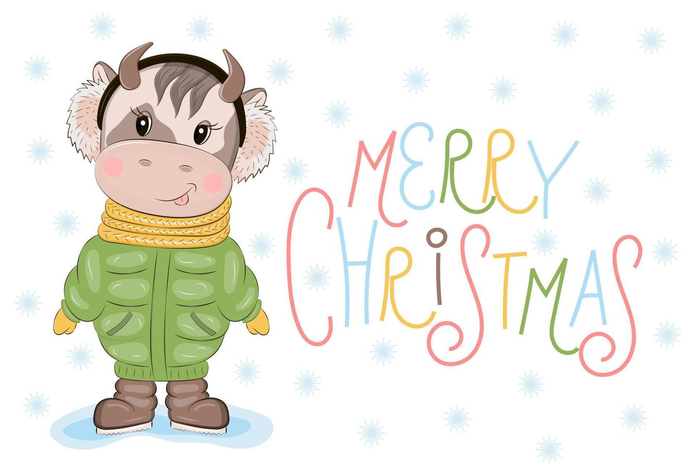 tekenfilm stier vector net zo 2021 kerstmis, nieuw jaar uitnodiging. schattig baby koe is vervelend groen jas. donker laarzen. poster, sticker, ansichtkaart, t-shirt illustratie. Kerstmis belettering