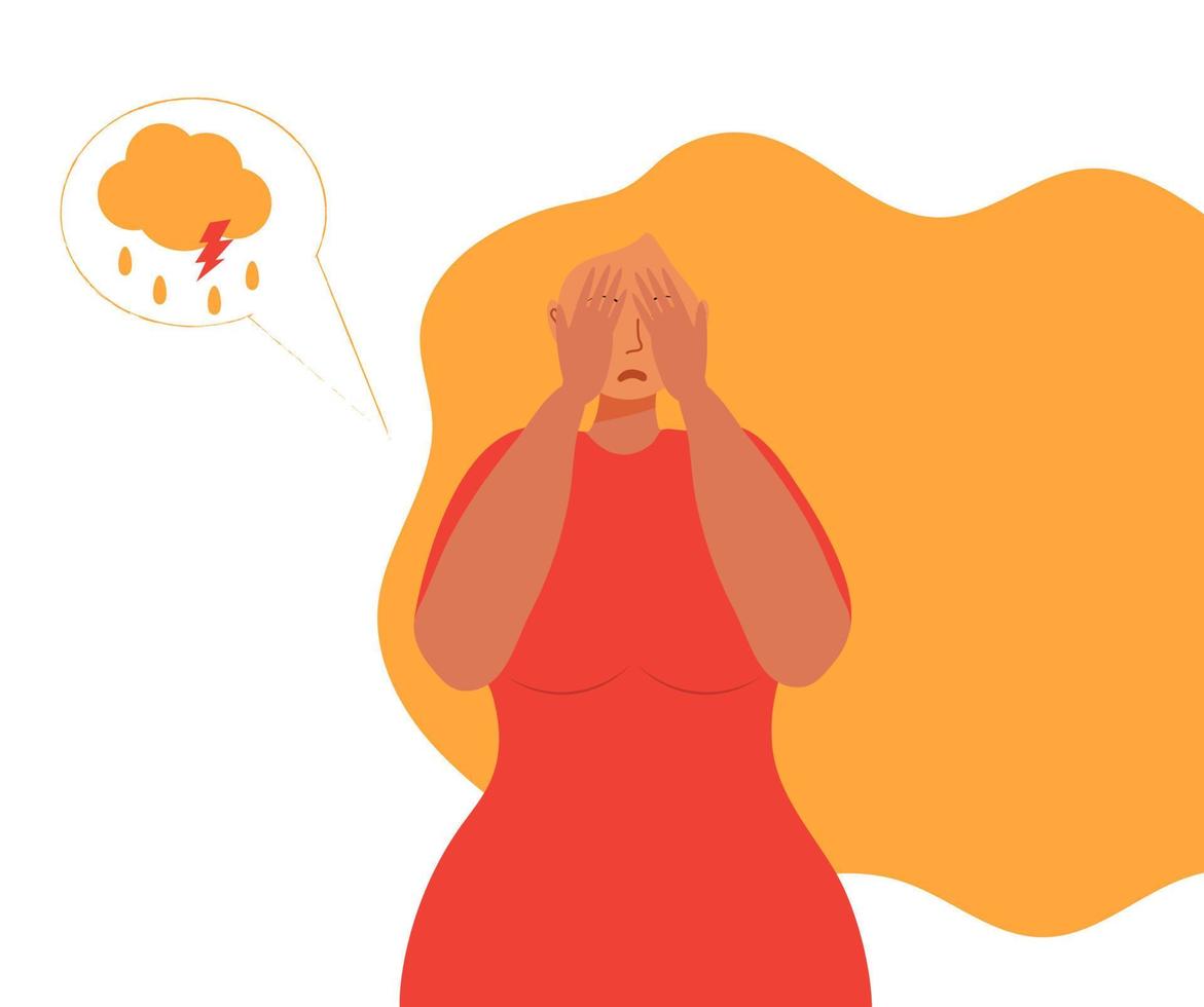 paniek aanval van vrouw concept vector. verdrietig, huilen vrouw met lang blond haar- en rood jurk. wolk met regen druppels. depressie, droefheid, mentaal Gezondheid illustratie vector