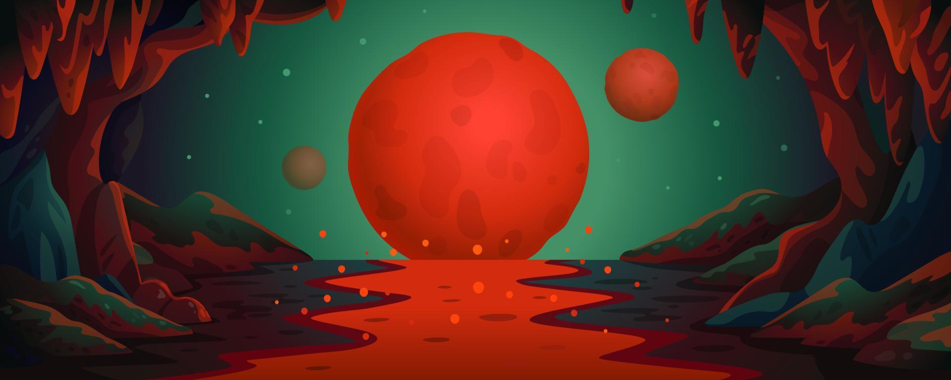 Mars - vector tekenfilm achtergrond. marsian grot landschap met een ondergronds lava rivier- en rood planeten. vector illustratie in vlak tekenfilm stijl.