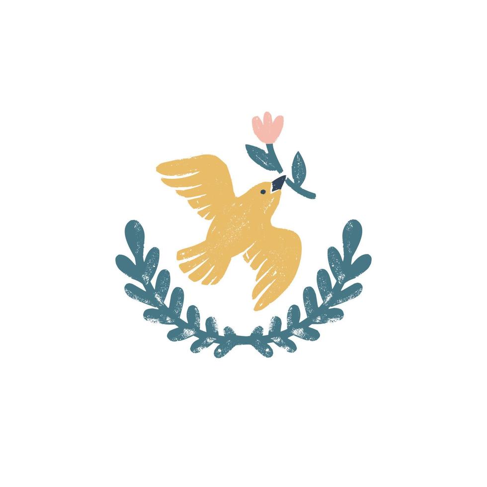 vrede duif vector logo - een wijnoogst handgemaakt icoon met vogel en krans in postzegel afdrukken stijl. wijnoogst vector illustratie.