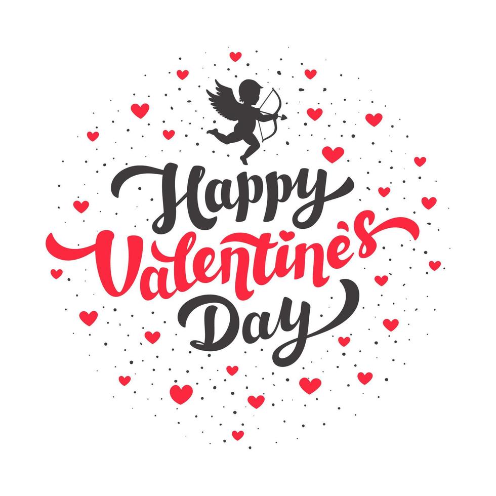gelukkig valentijnsdag dag belettering met harten Aan wit achtergrond. liefde dag groet kaart. vector illustratie.