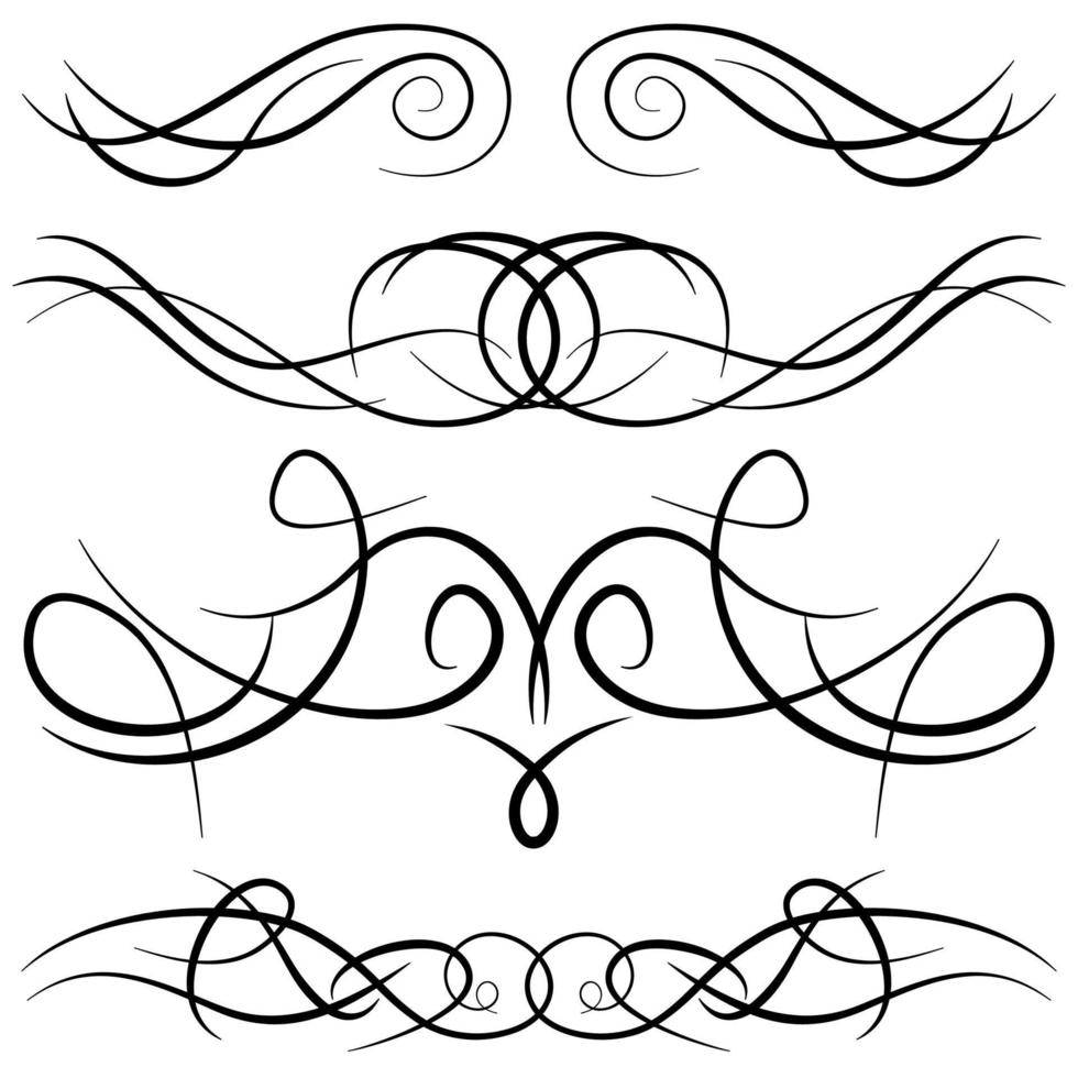 reeks van wijnoogst decoratief krullen, wervelingen, monogrammen en kalligrafische grenzen. lijn tekening ontwerp elementen in zwart kleur Aan wit achtergrond. vector illustratie.