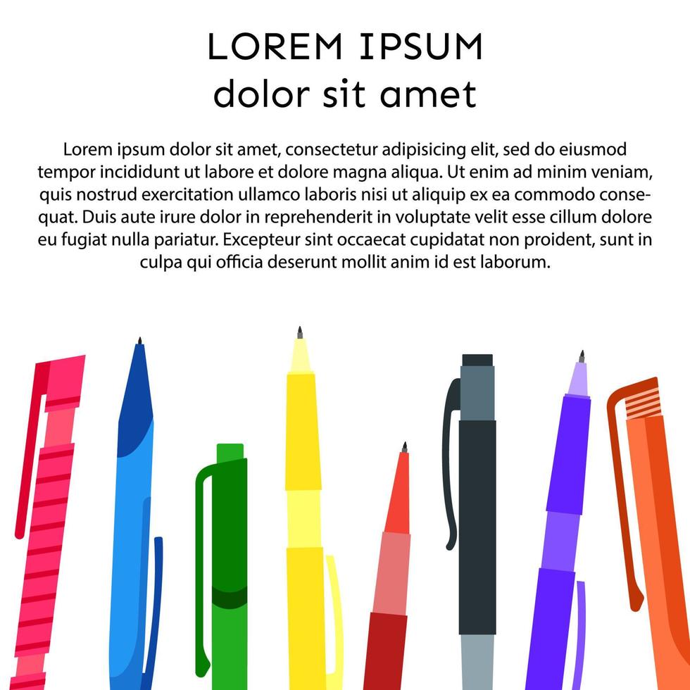 achtergrond met pennen en potloden en plaats voor uw tekst. vector illustratie.