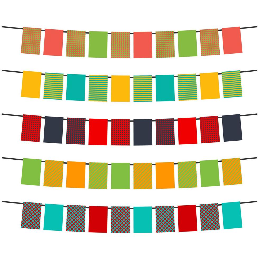 kleurrijk vlaggen en vlaggedoek slingers voor decoratie. decor elementen met divers patronen. vector illustratie