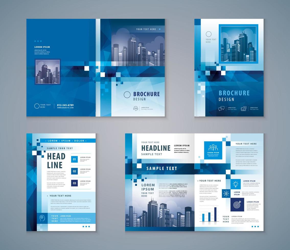 Hoes boek ontwerp set, abstract blauw meetkundig pixel achtergrond vector sjabloon brochures