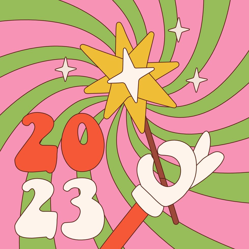 groovy Kerstmis plein poster, Jaren 50 retro groet kaart. gehandschoende hand- Holding sterretje in modieus retro Jaren 60 hippie tekenfilm stijl. vrolijk Kerstmis en gelukkig nieuw jaar afdrukken, feest uitnodiging. vector ontwerp