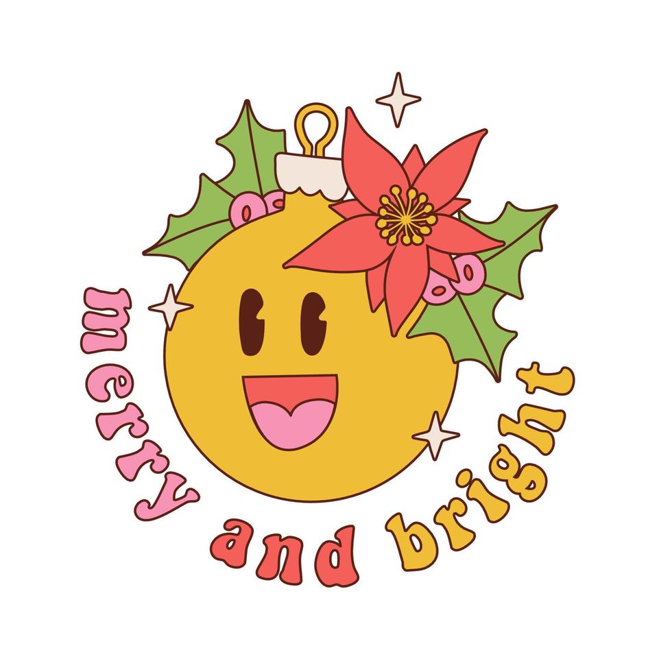 groovy Kerstmis sublimatie sticker. retro jaren 70 hippie schattig feestelijk winter hand- getrokken Kerstmis boom bal karakter met glimlachen gezicht met hulst BES, pontsettia. vector contour klem kunst element