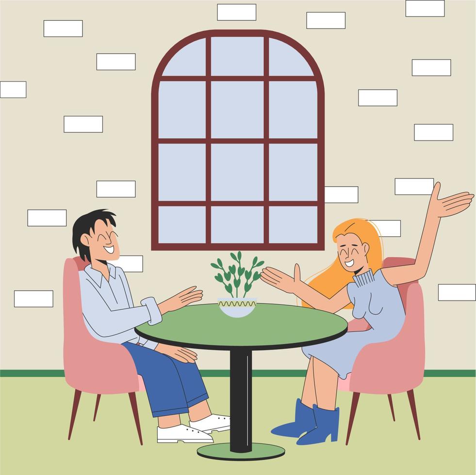 een Mens en een vrouw zijn zittend Bij een tafel in een knus cafe en praten. vector illustratie in vlak stijl.