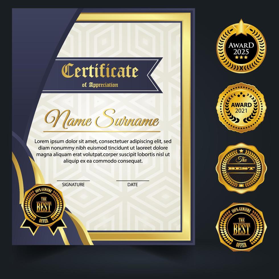 blauw en goud kleur certificaat sjabloonontwerp. certificaat van prestatie met een gouden badge vector