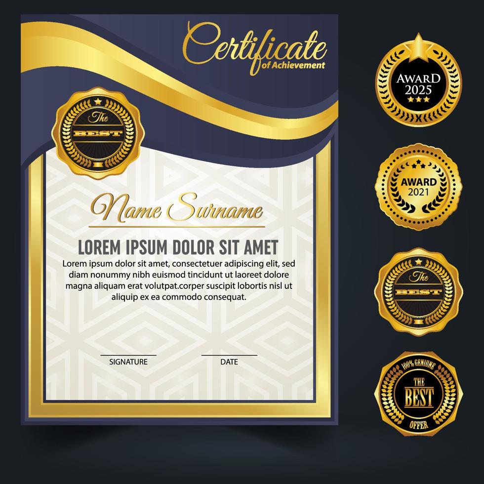 blauw en goud kleur certificaat sjabloonontwerp. certificaat van prestatie met een gouden badge vector