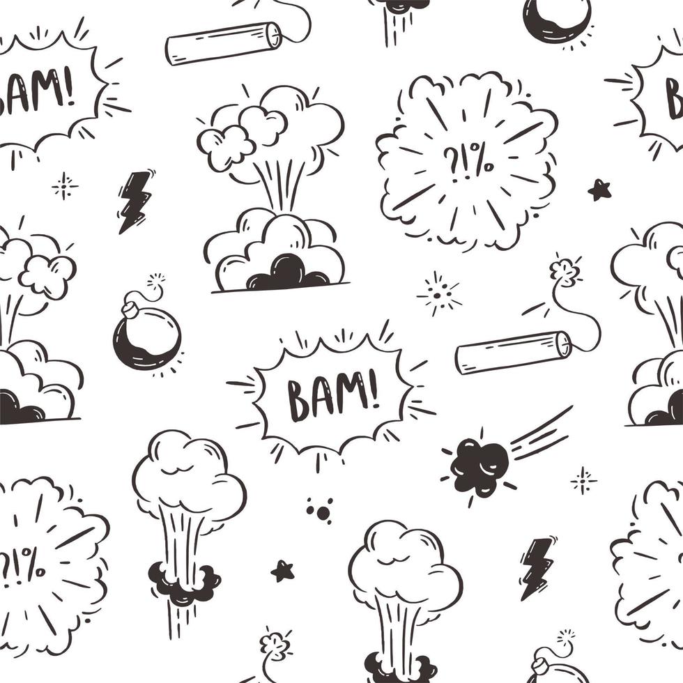 patroon kosmisch explosie en bommen. toespraak bubbels met de woorden boom, boom, knal. vector illustratie van doodles