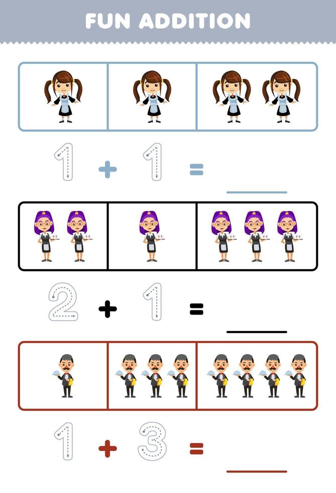 onderwijs spel voor kinderen pret toevoeging door tellen en traceren de aantal van schattig tekenfilm hulp in de huishouding serveerster en ober afdrukbare beroep werkblad vector
