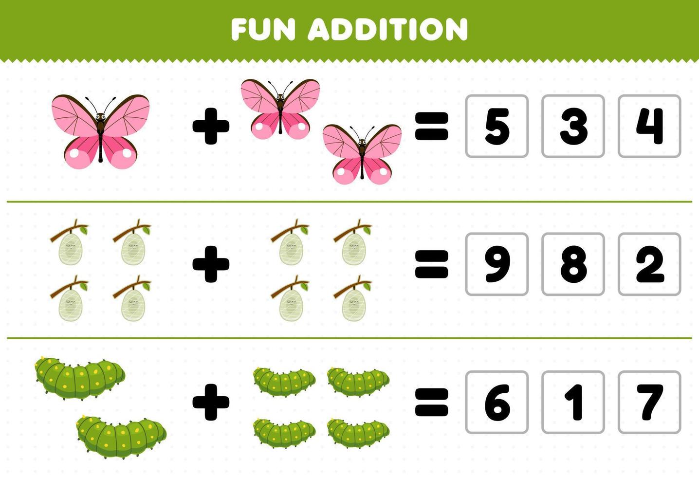 onderwijs spel voor kinderen pret toevoeging door Raad eens de correct aantal van schattig tekenfilm vlinder cocon rups- afdrukbare kever werkblad vector