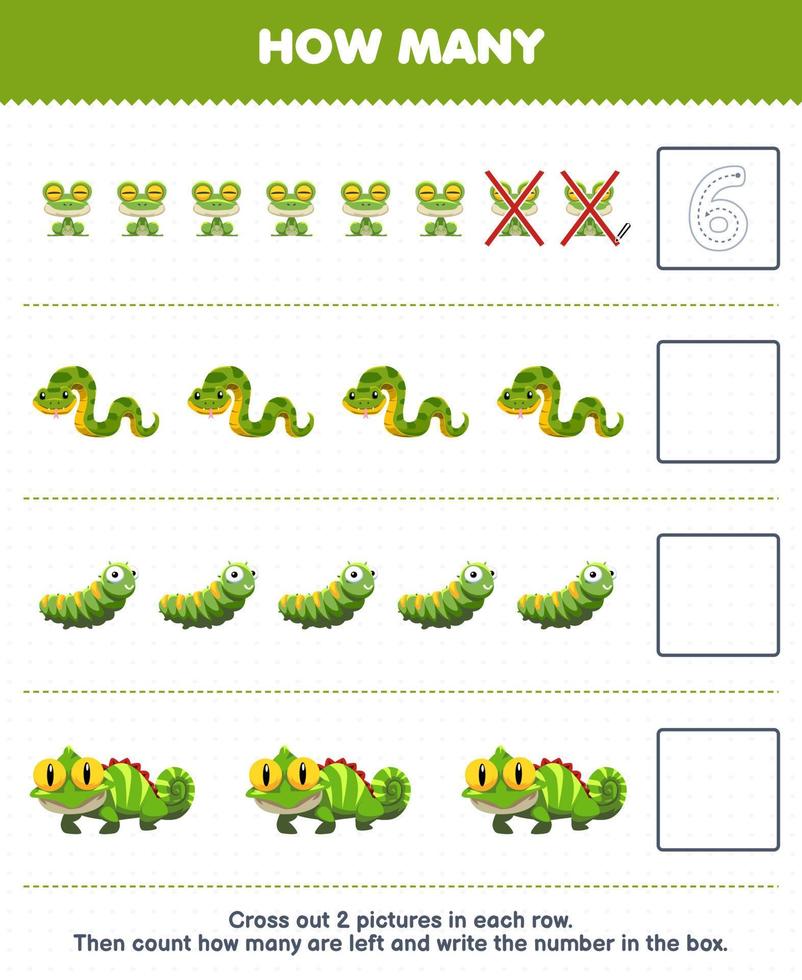 onderwijs spel voor kinderen tellen hoe veel schattig tekenfilm kikker slang rups- leguaan en schrijven de aantal in de doos afdrukbare dier werkblad vector