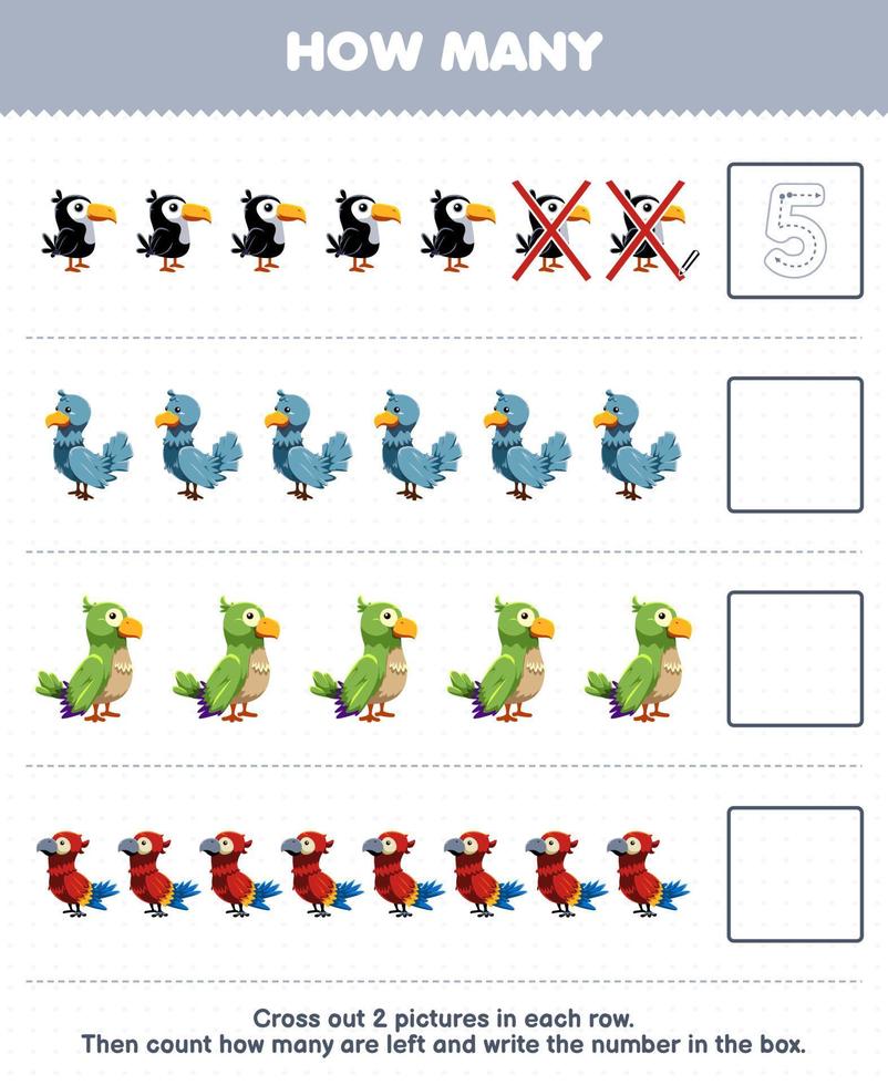 onderwijs spel voor kinderen tellen hoe veel schattig tekenfilm toekan duif parkiet papegaai en schrijven de aantal in de doos afdrukbare dier werkblad vector