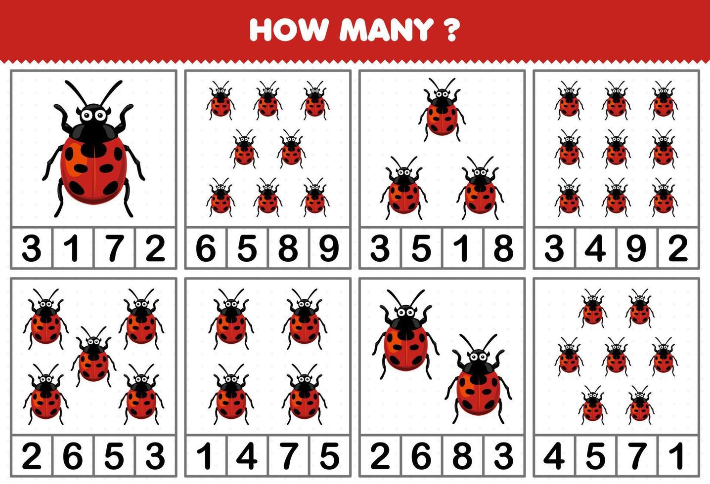 onderwijs spel voor kinderen tellen hoe veel schattig tekenfilm lieveheersbeestje in elk tafel afdrukbare kever werkblad vector